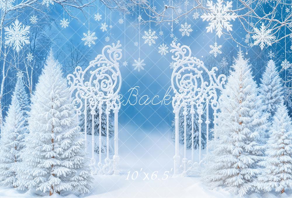 Kate Winter Snowflakes White Trees Gate Fleece Backdrop Designed by Emetselch -UK