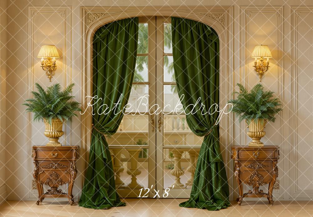 Kate Vintage French Doors Green Curtains Ferns Fleece Backdrop Designed by Emetselch -UK