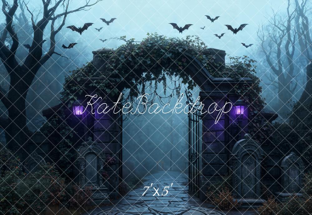 Kate Halloween Cemetery Arch Gate Bats Backdrop Designed by Emetselch