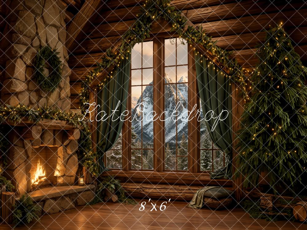 Kate Christmas Cabin Fireplace Mountain View Fleece Backdrop Designed by Emetselch -UK
