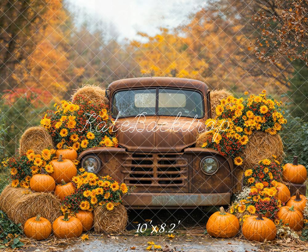 Kate Autumn Truck Pumpkins Hay Bales Backdrop Designed by Emetselch -UK