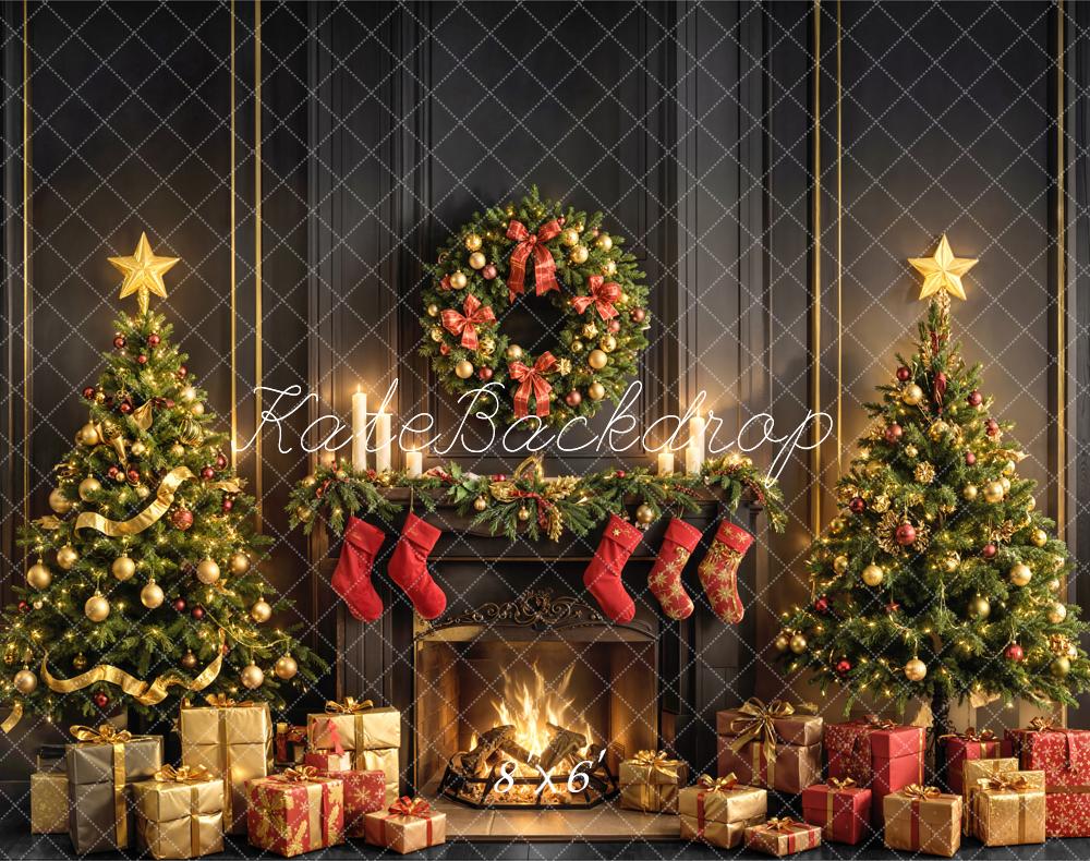 Kate Christmas Fireplace Wreath Trees Gifts Fleece Backdrop Designed by Emetselch