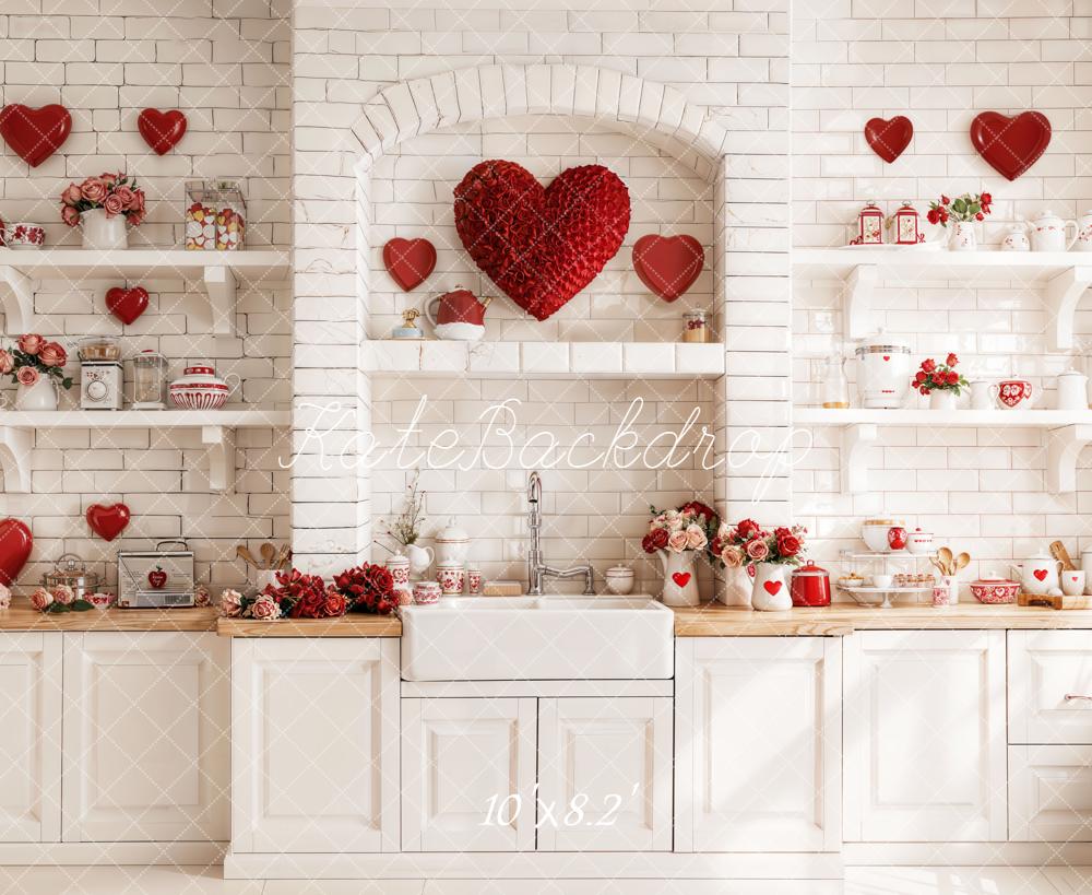 Kate Valentines Kitchen Hearts Shelves White Brick Fleece Backdrop Designed by Emetselch -UK