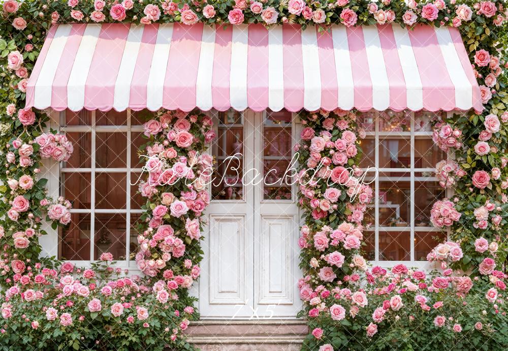 Kate Pink Rose Door Striped Awning Backdrop Designed by Emetselch