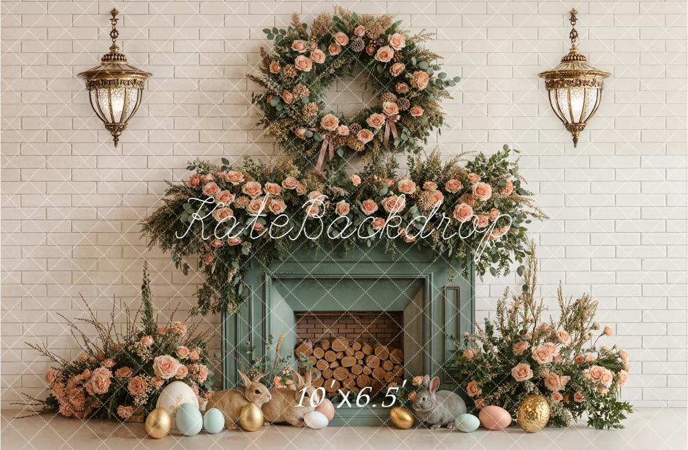 Kate Easter Bunny Floral Fireplace Pastel Eggs Backdrop Designed by Emstselch