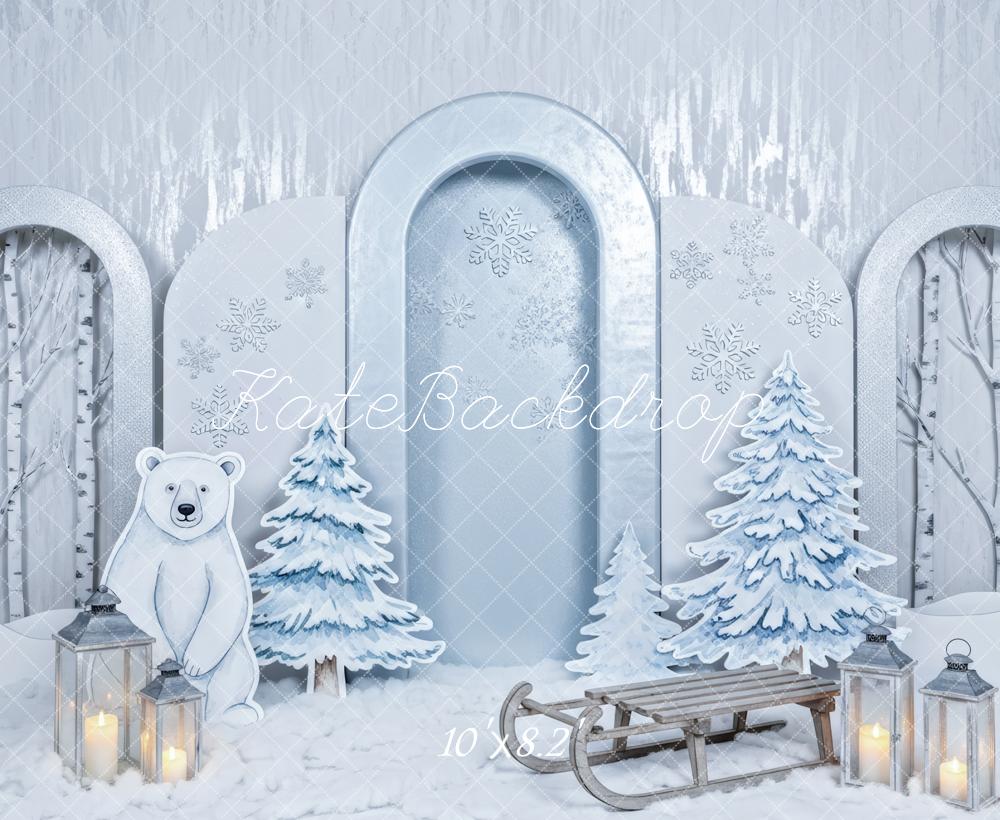 Kate Winter Polar Bear Snowy Trees Sled Backdrop Designed by Patty Robert