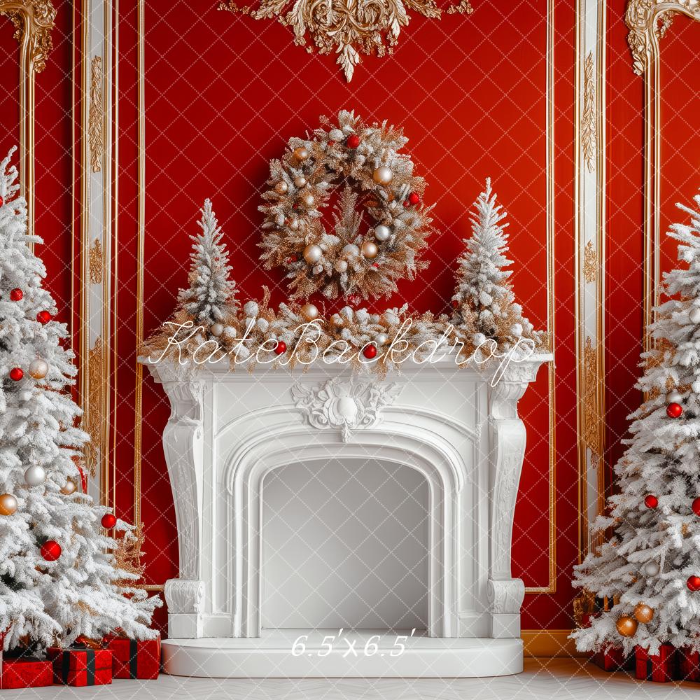 Kate Christmas Red Wall White Fireplace Trees Backdrop Designed by Patty Robert