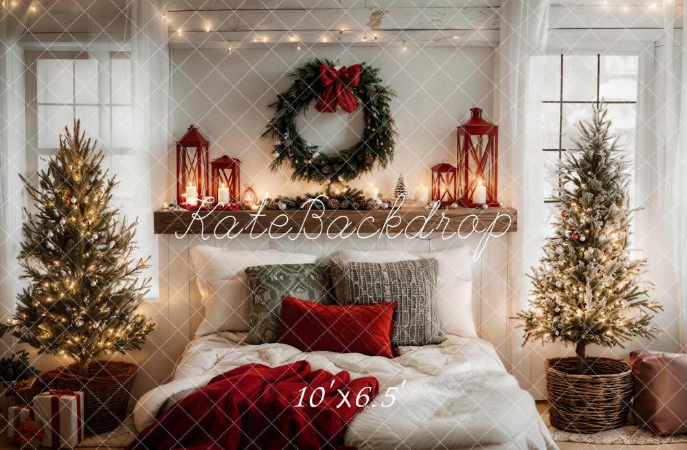 Kate Christmas Bedroom Wreath Trees Lanterns Fleece Backdrop Designed by Emetselch -UK