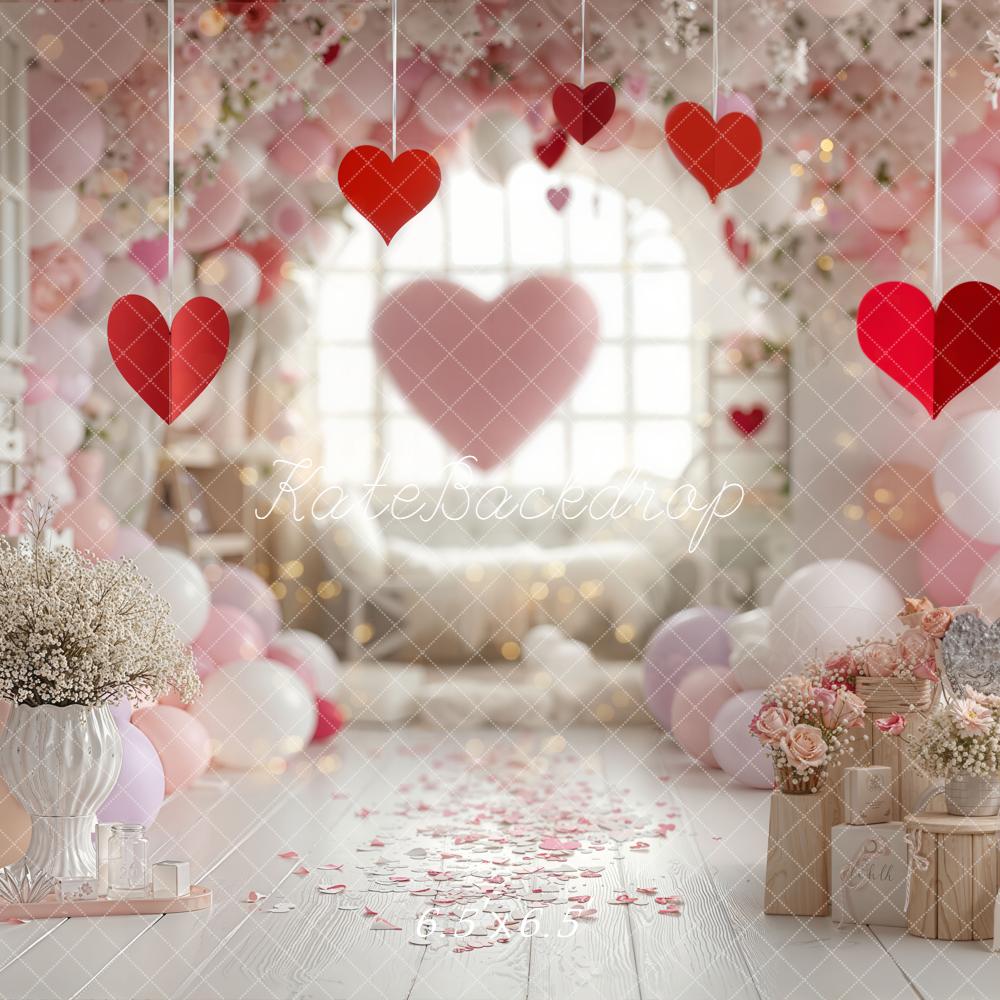 Kate Valentine Hearts Balloons Floral Pink Backdrop Designed by Emetselch