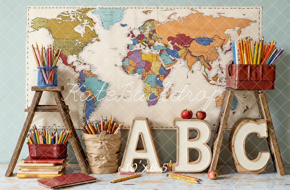 Kate Back To School Map Pencils Books Fleece Backdrop Designed by Emetselch