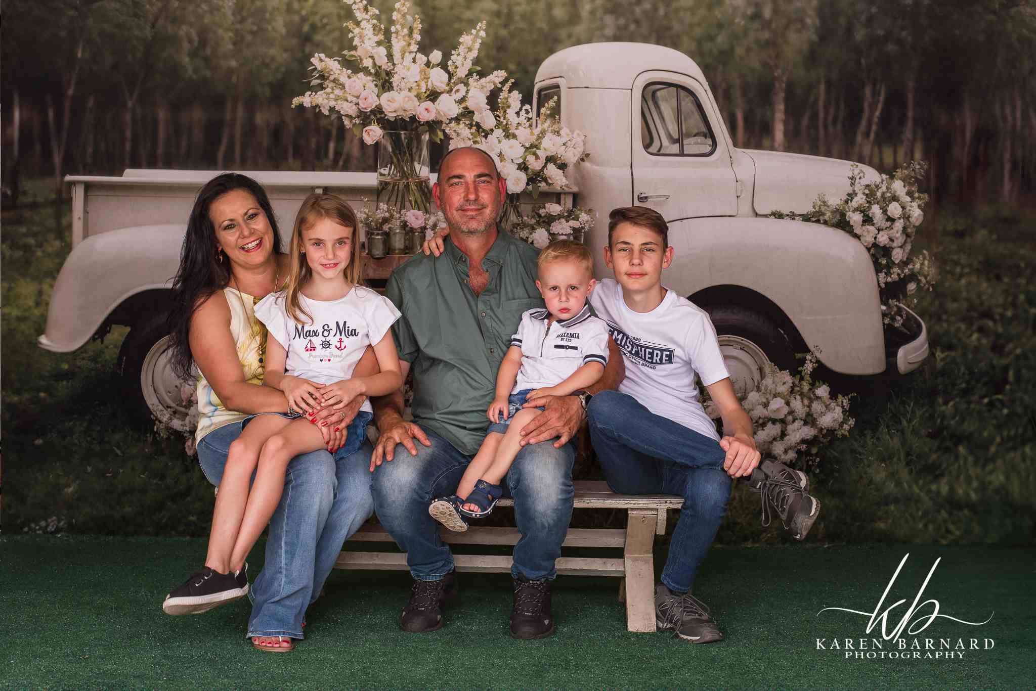 Kate Spring White Flowers Truck Backdrop+Spring Grass Floor Backdrop