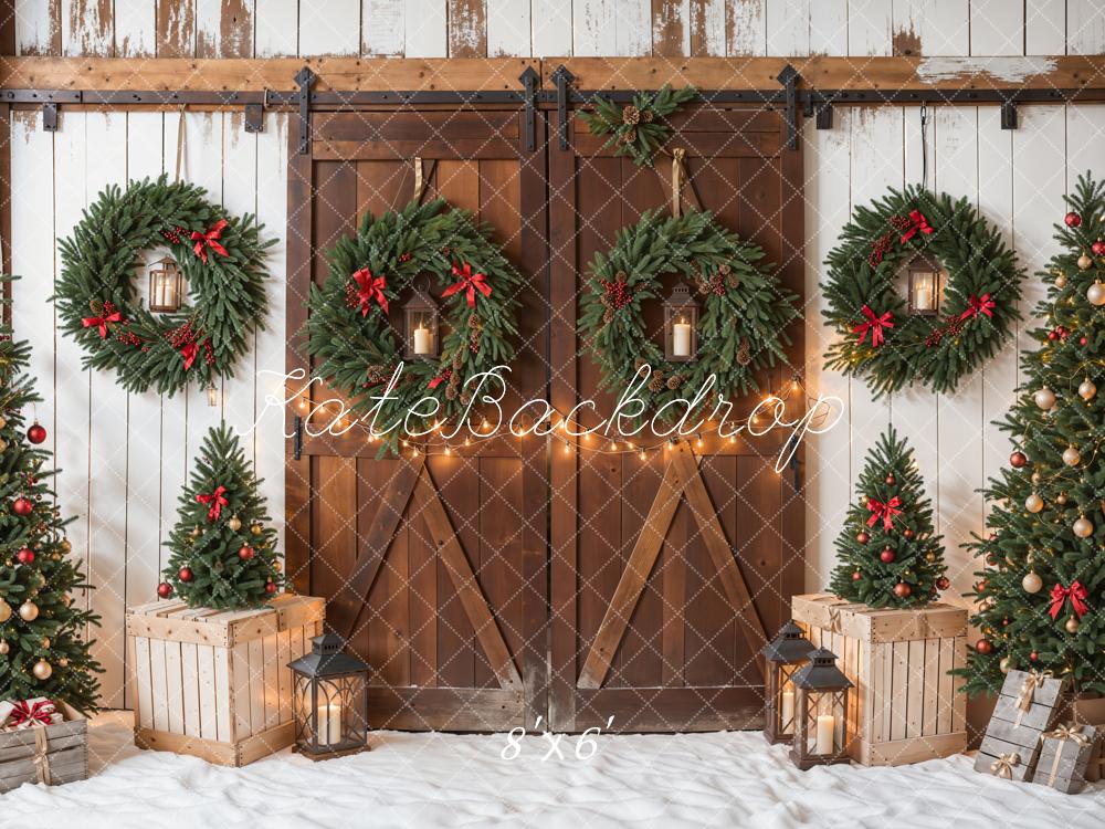 Kate Christmas Tree Brown Wooden Barn Door Backdrop Designed by Emetselch -UK