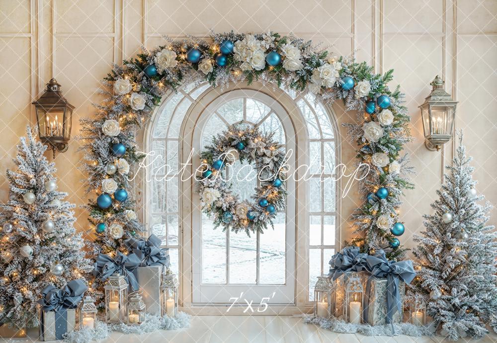 Kate Christmas Arch Window Trees Blue Ornaments Backdrop Designed by Emetselch -UK