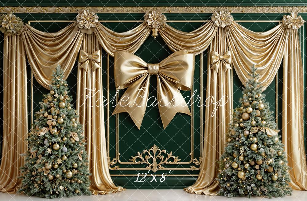 Kate Christmas Gold Drapes Bow Green Trees Backdrop Designed by Emetselch