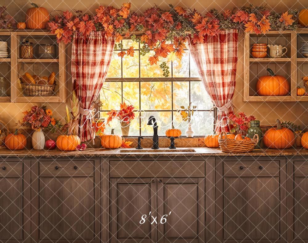 Kate Autumn Kitchen Window Pumpkins Fleece Backdrop Designed by Emetselch -UK