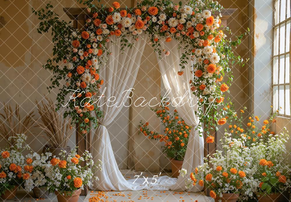 Kate Flower Arch Orange White Flowers Drapes Backdrop Designed by Mini MakeBelieve -UK