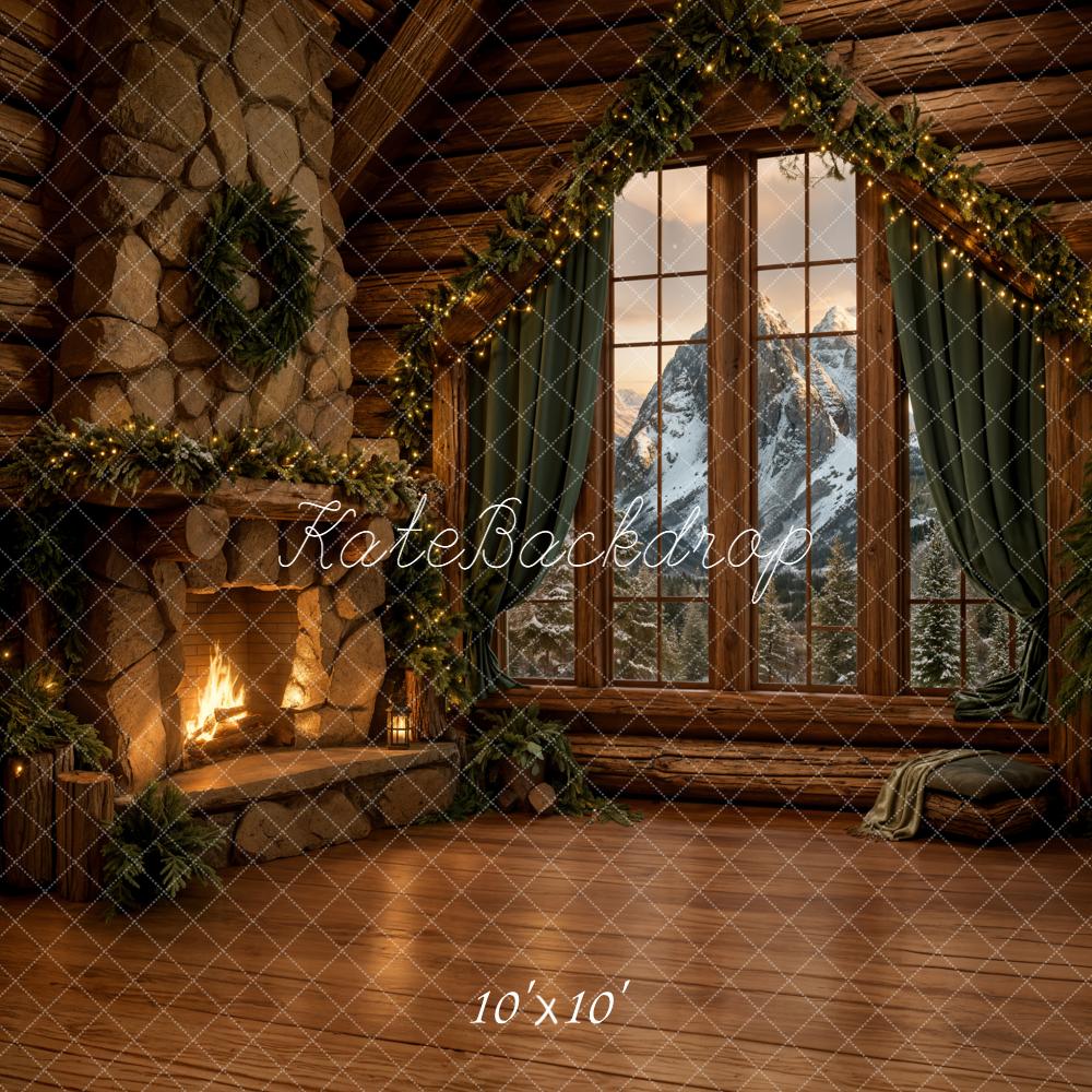 Kate Christmas Cabin Fireplace Mountain View Backdrop Designed by Emetselch -UK