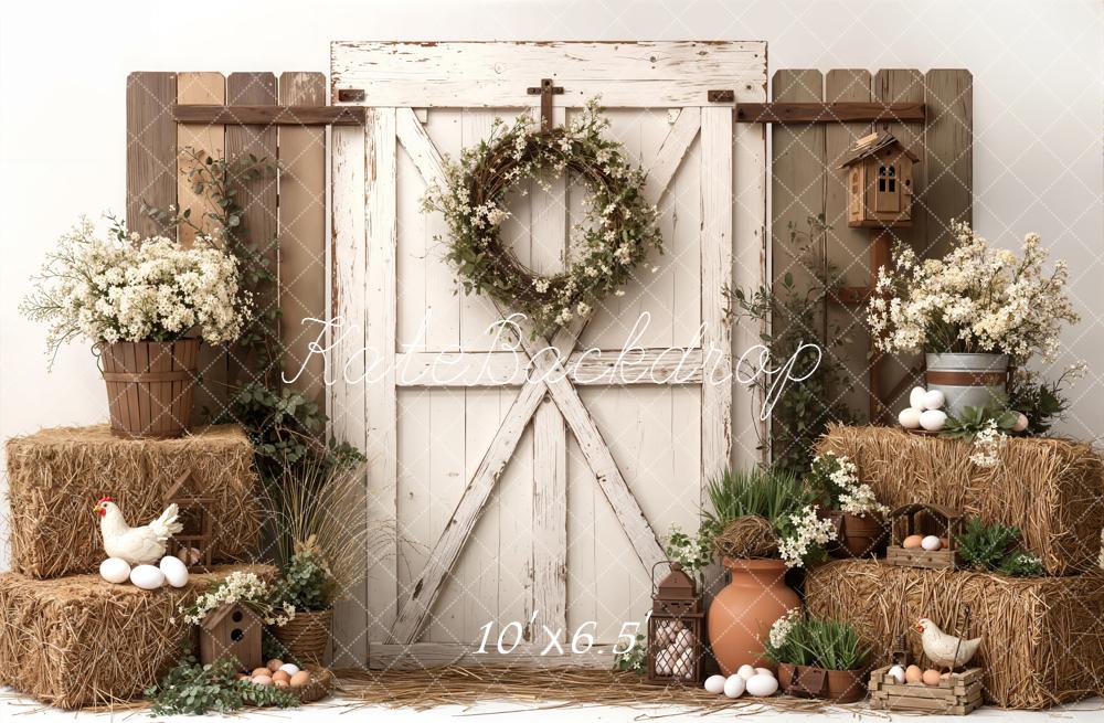 Kate Spring Barn Door Hay Chicken Eggs Flowers Fleece Backdrop Designed by Emetselch -UK