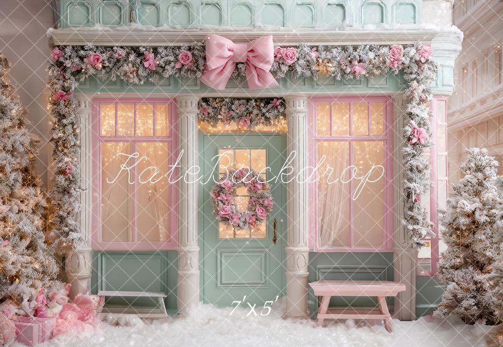 Kate Christmas Pink Bow Garland Shop Front Backdrop Designed by Ashley Paul
