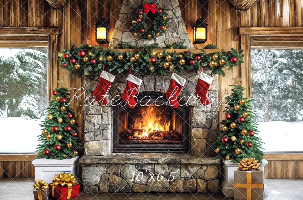 Kate Christmas Fireplace Garland Presents Backdrop Designed by Mini MakeBelieve -UK