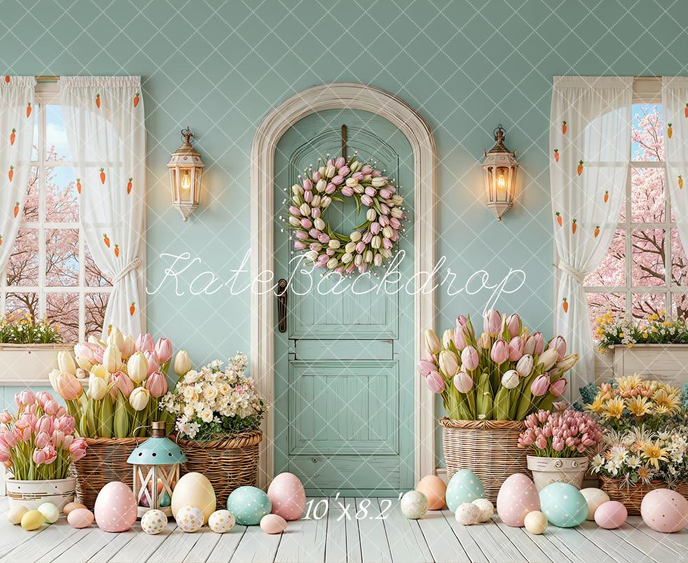 Kate Easter Bunny Eggs Tulips Pastel Fleece Backdrop Designed by Emetselch