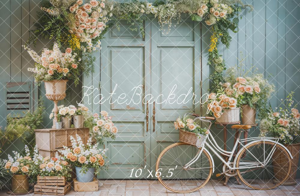 Kate Spring Floral Bicycle Pastel Green Door Backdrop Designed by Emetselch -UK
