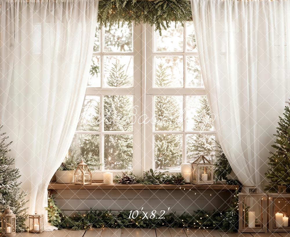Kate Christmas Window Pine Trees Candles Fleece Backdrop Designed by Emetselch