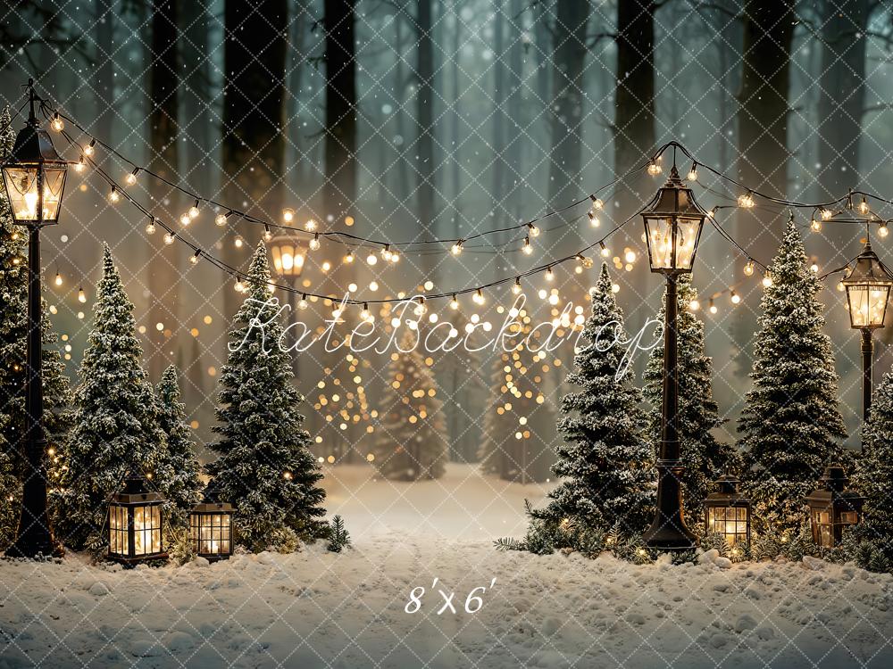 Kate Christmas Snow Forest Lanterns Lights Fleece Backdrop Designed by Emetselch