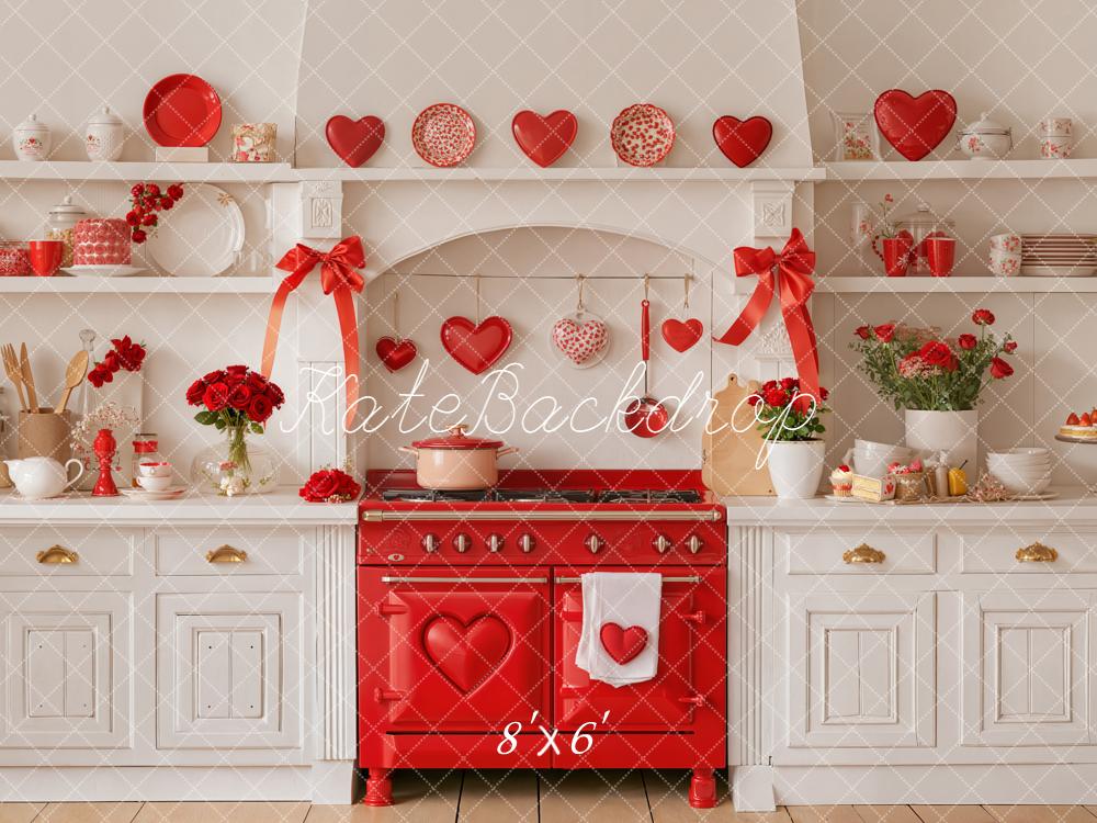 Kate Valentines Kitchen Red Stove Bows Hearts Backdrop Designed by Emetselch