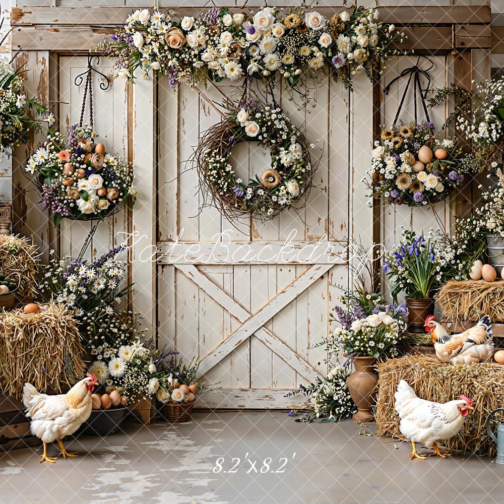 Kate Easter Rustic Barn Hay Chickens Backdrop Designed by Emetselch -UK