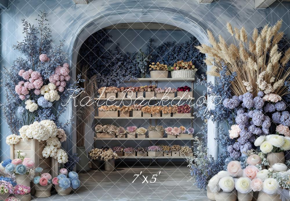 Kate Flower Arch Shelves Pastel Flowers Blue Backdrop Designed by Mini MakeBelieve -UK