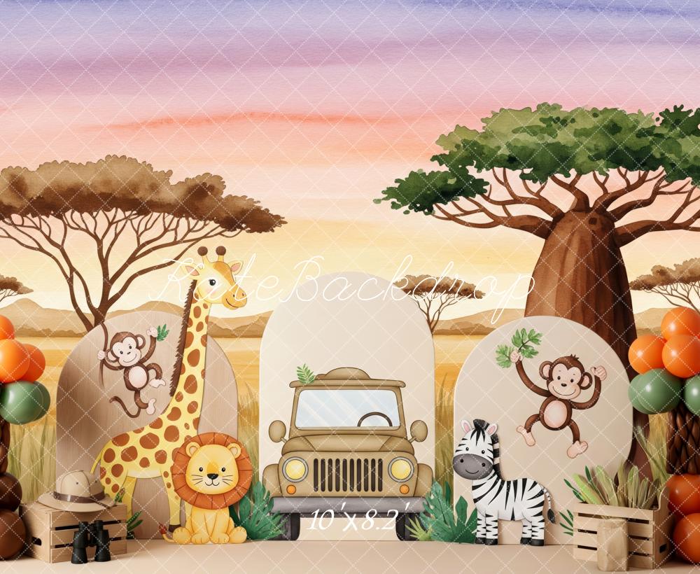 Kate Jungle Cartoon Animals Safari Trees Backdrop Designed by Patty Robert