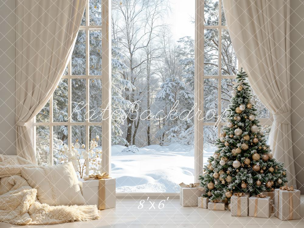 Kate Christmas Tree Snowy Window Fleece Backdrop Designed by Emetselch -UK