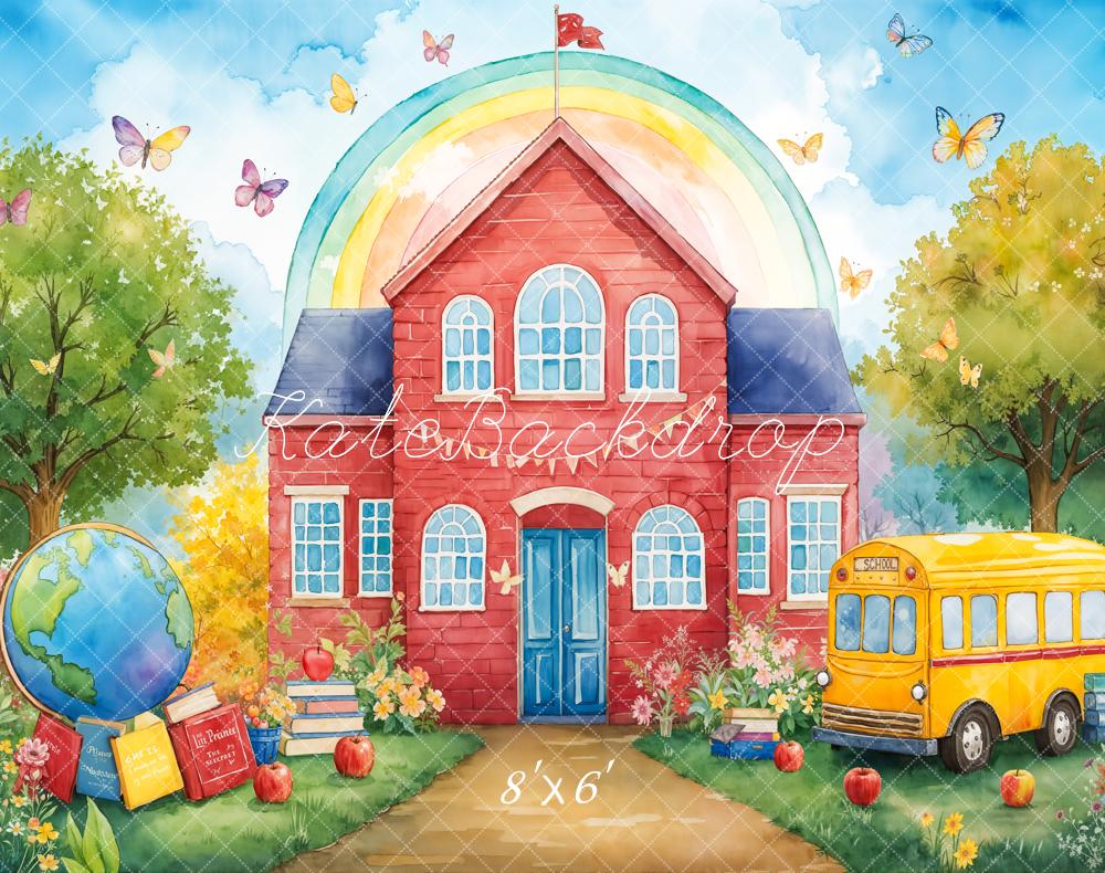 Kate Back to School Red Schoolhouse Rainbow Fleece Backdrop Designed by Emetselch