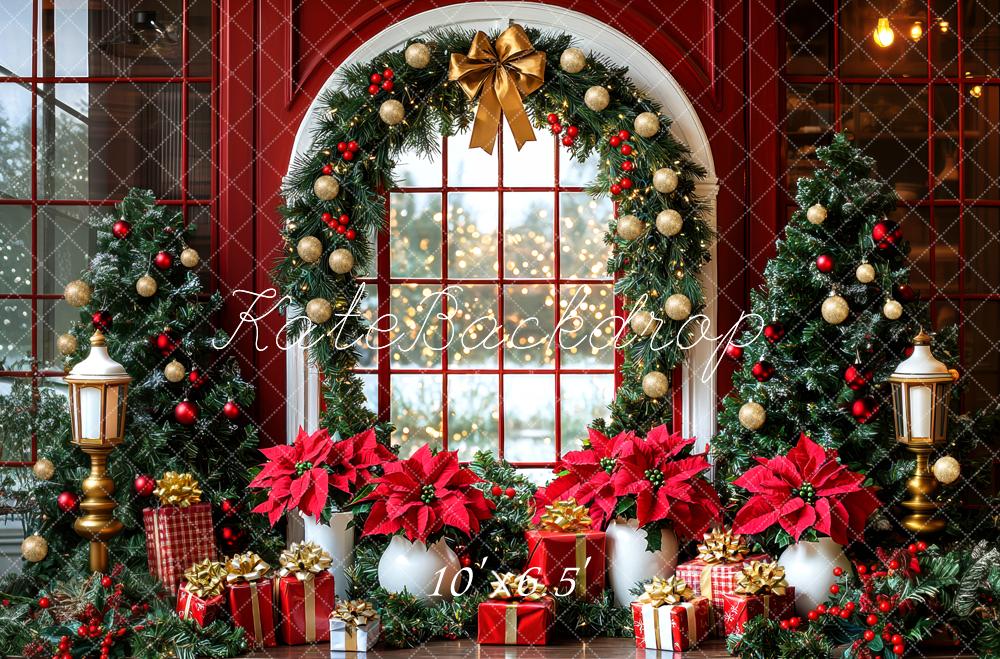 Kate Christmas Trees Garland Gifts Window Red Backdrop Designed by Mini MakeBelieve -UK