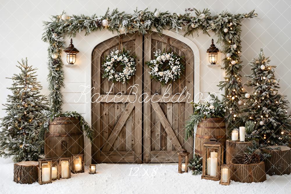 Kate Christmas Wooden Door Garland Trees Fleece Backdrop Designed by Emetselch