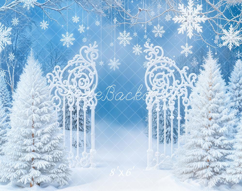 Kate Winter Snowflakes White Trees Gate Fleece Backdrop Designed by Emetselch -UK