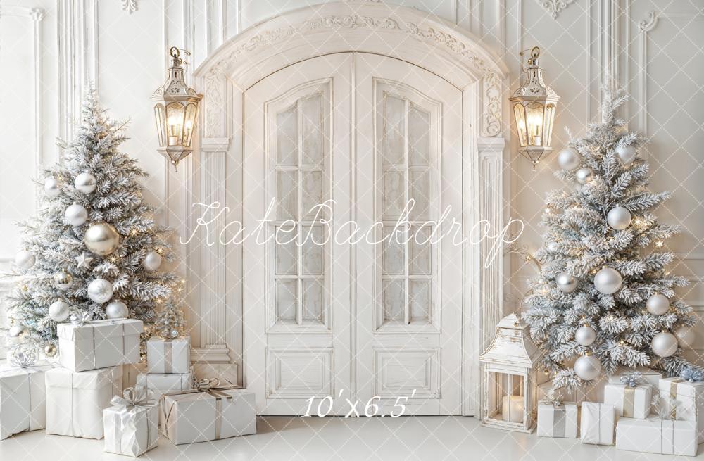 Kate Christmas Trees White Door Lanterns Fleece Backdrop Designed by Emetselch -UK