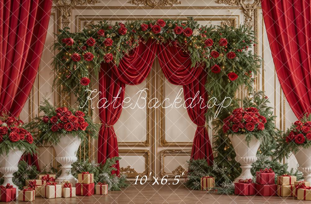 Kate Christmas Red Curtains Roses Gifts Backdrop Designed by Emetselch