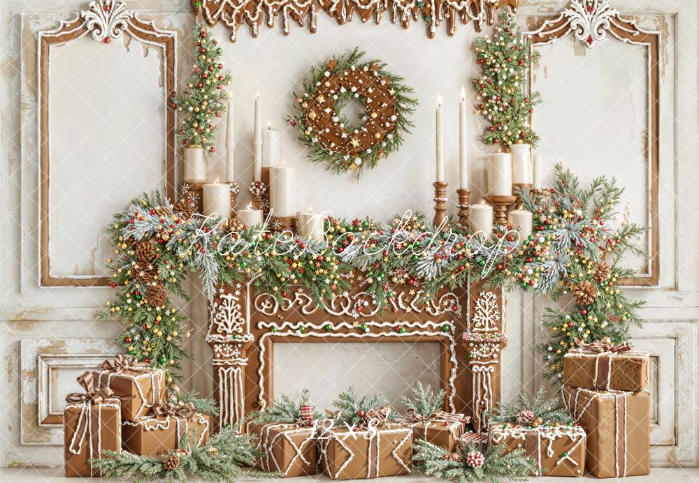 Kate Christmas Gingerbread Fireplace Garland Fleece Backdrop Designed by Emetselch