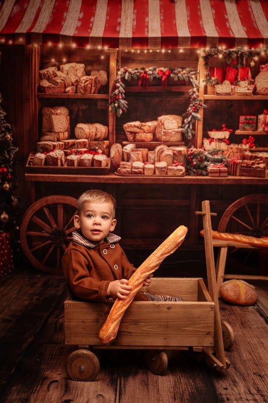 Kate Christmas Bakery Cart Red Stripe Backdrop Designed by Emetselch -UK