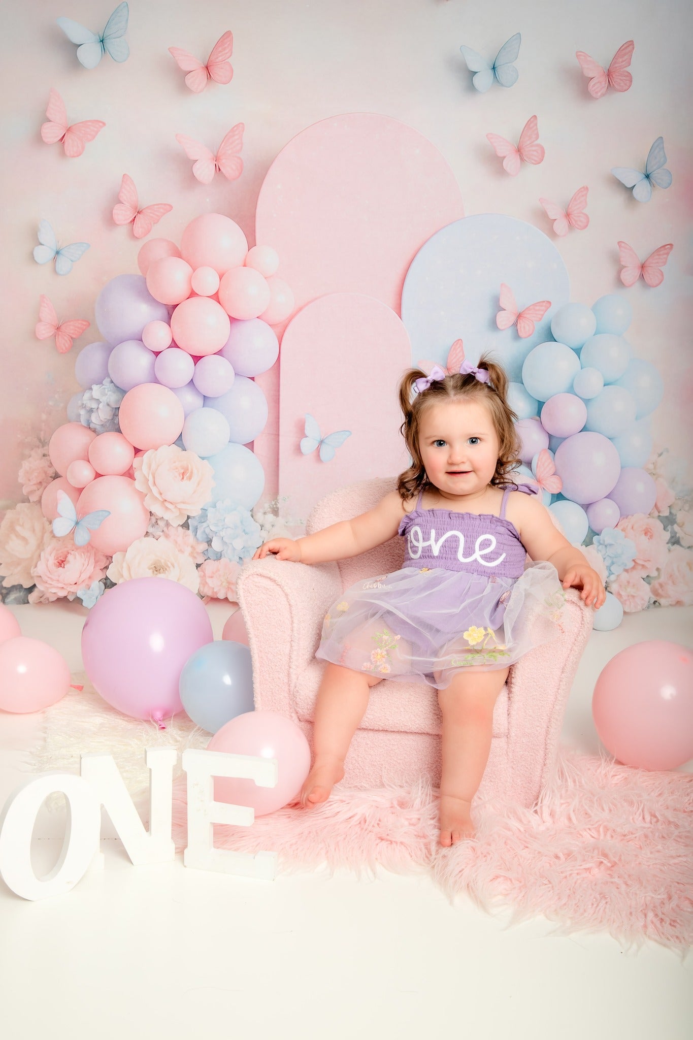Kate Cake Smash Pastel Balloon Floral Butterfly Backdrop Designed by Ashley Paul -UK