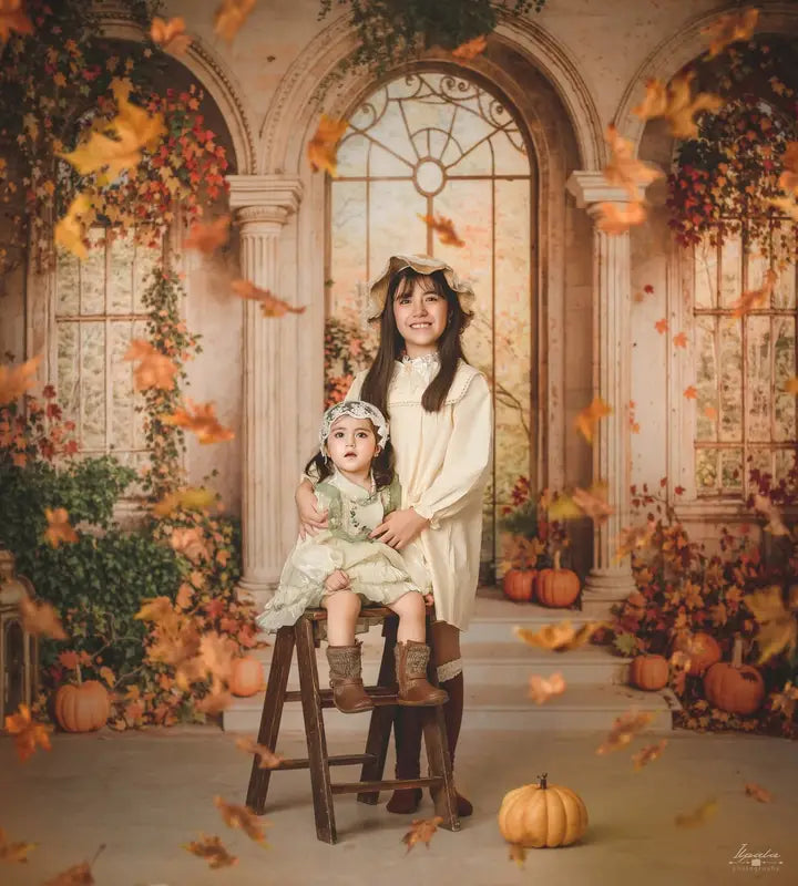 Kate Autumn Retro Arch Maple Leaves Pumpkin Backdrop Designed by Emetselch -UK