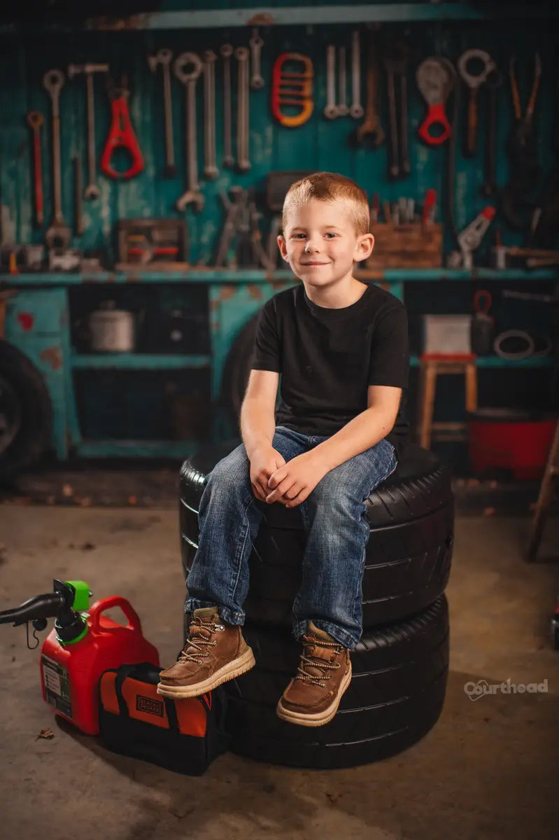 Kate Industrial Vintage Garage Tools Tire Backdrop Designed by Emetselch