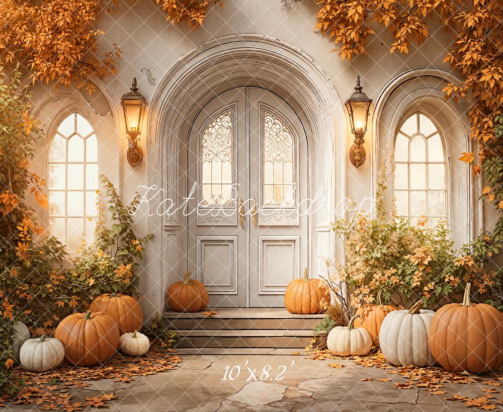 Kate Autumn Pumpkins Arched Door Lanterns Fleece Backdrop Designed by Emetselch