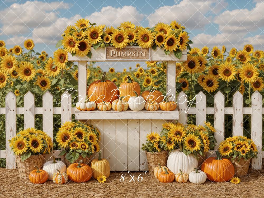 Kate Autumn Sunflowers Pumpkin Fence Fleece Backdrop Designed by Emetselch -UK