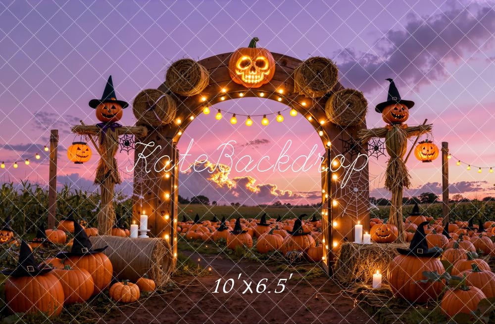 Kate Halloween Pumpkin Arch Scarecrow Field Fleece Backdrop Designed by Emetselch -UK