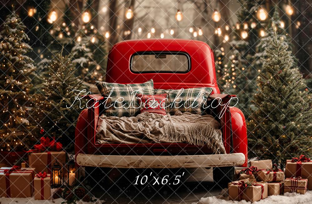 Kate Christmas Truck Snowy Trees Presents Fleece Backdrop Designed by Emetselch