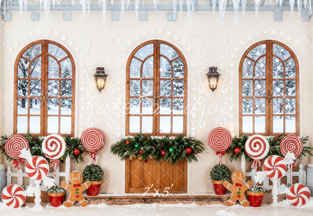 Kate Christmas Gingerbread Windows Candy Canes Backdrop Designed by Emetselch