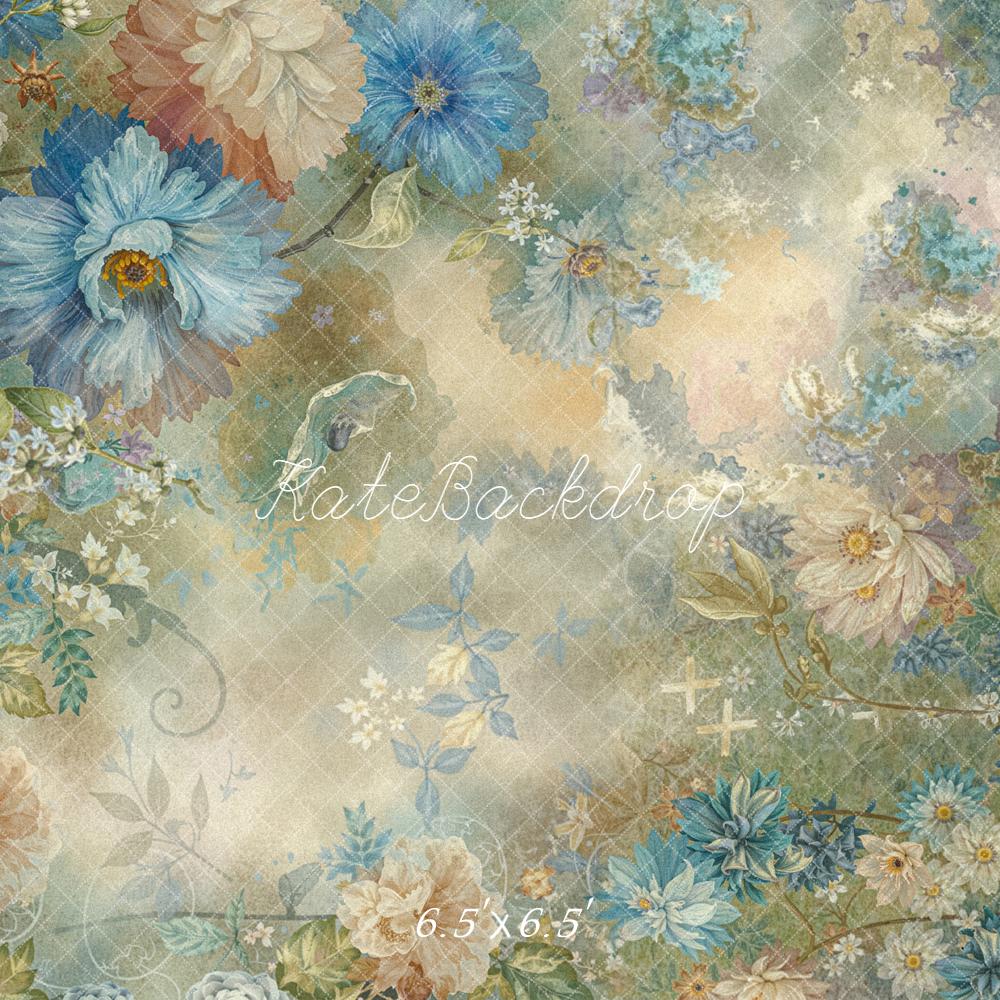 Kate Vintage Blue Beige Floral Pattern Backdrop Designed by Emetselch -UK